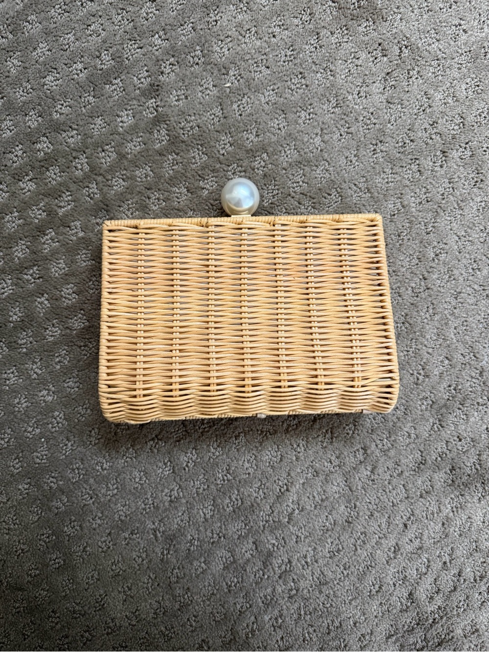 Woven Rattan Clutch with Pearl Clasp - Natural